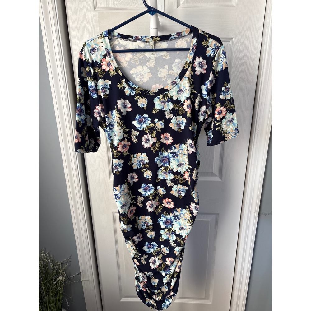 Motherbee Maternity Navy‎ Blue Floral Ruched Side Bodycon Dress Elbow Sleeve Med